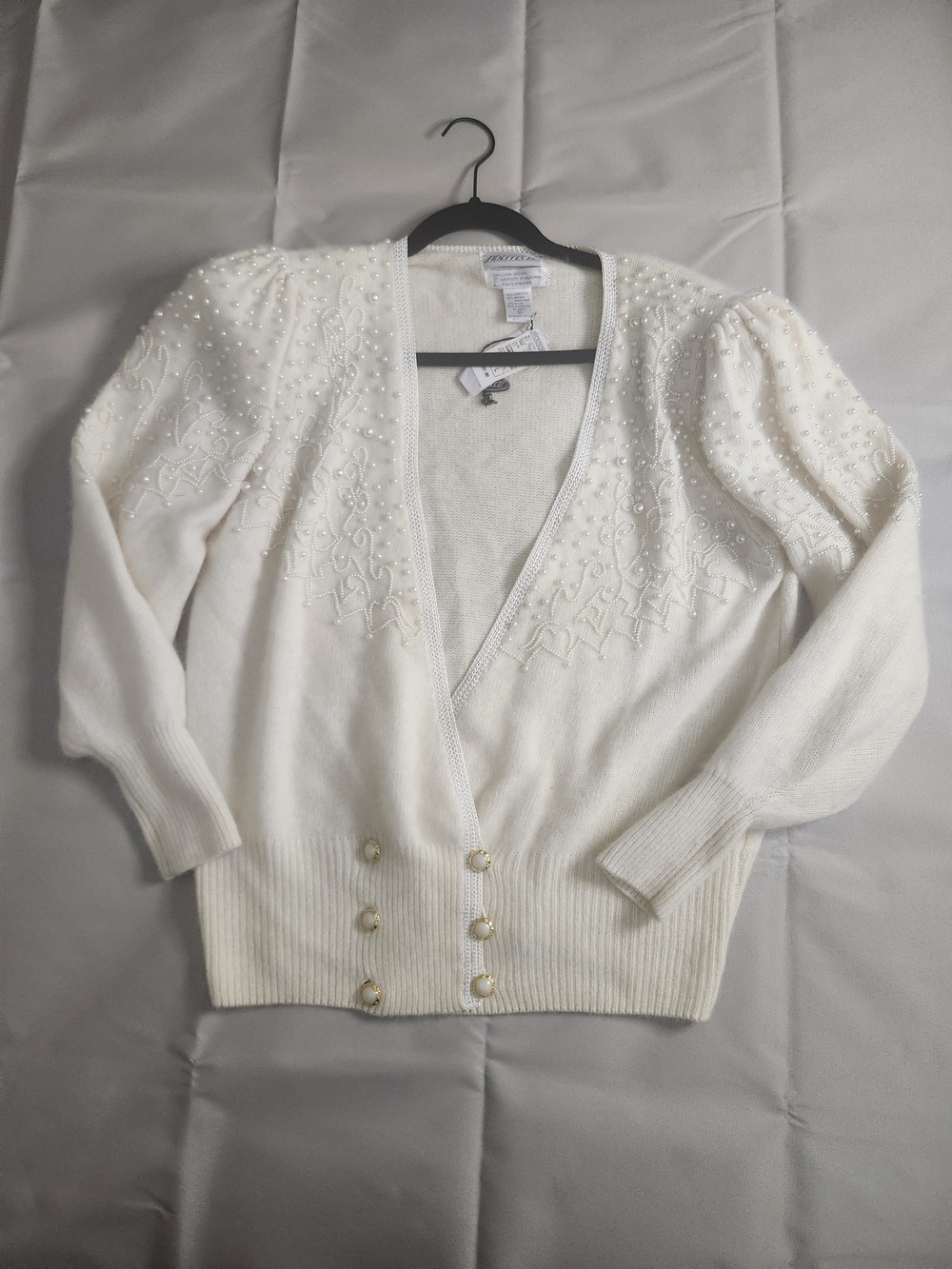 Vintage Sideffects White Lambswool & Rabbit Fur Sweater w/ Buttons and Pearls, L